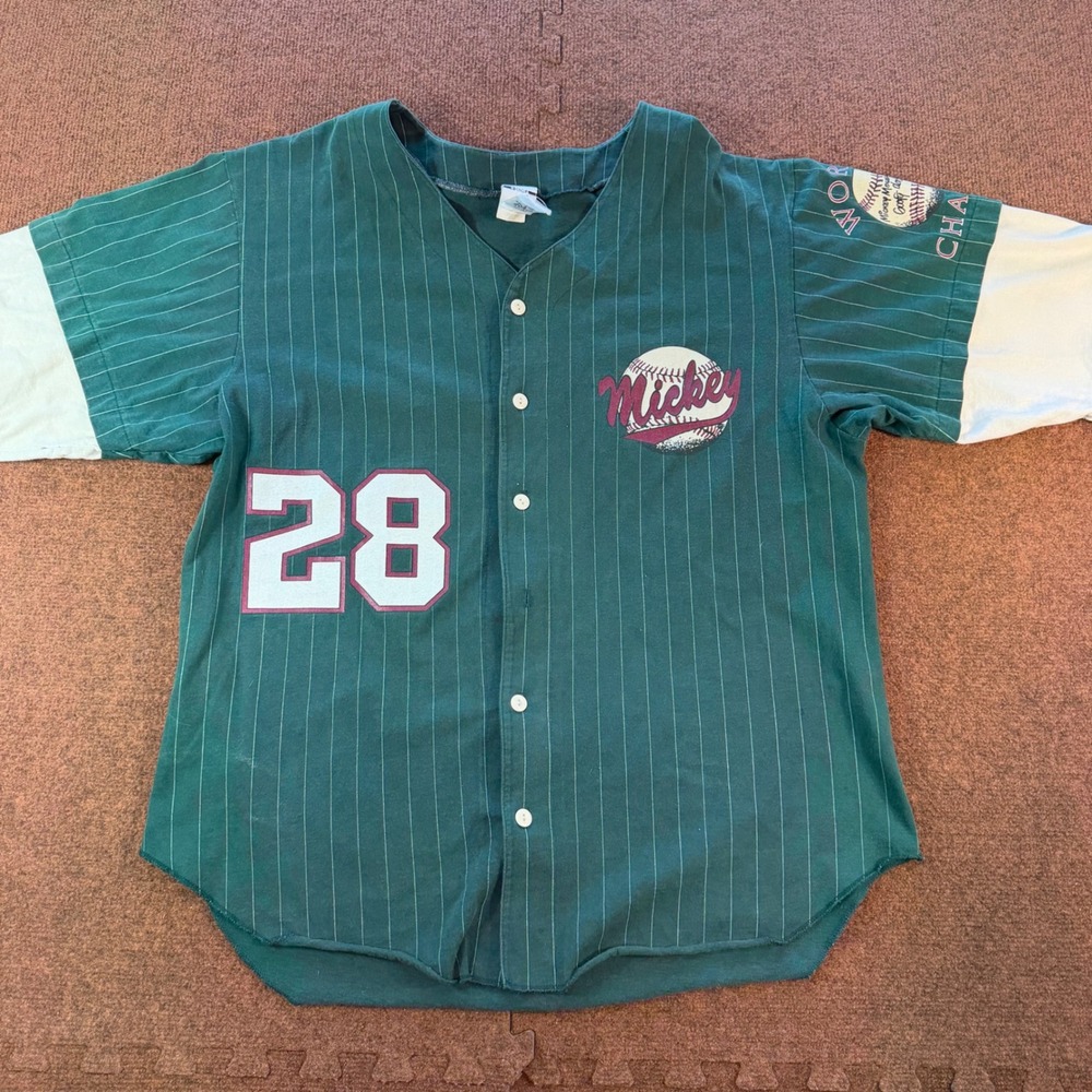 A+ Vintage Disney Store Mickey Mouse World Champs Baseball Jersey Green XL 68621